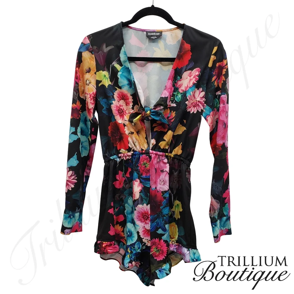 BEBE Women's Floral Colorful Vibrant Tie Front Romper XS/TP EUC Spring Summer - Picture 7 of 11